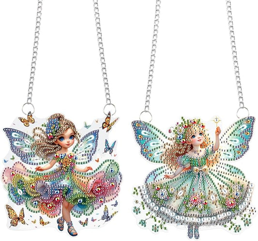 2 Pcs Diamond Painting Fairy Ornaments – DIY Acrylic Hanging Decorations with Chains, Cute Butterfly Flower Elf Girl Design for Home Decor, Gifts, and Crafts