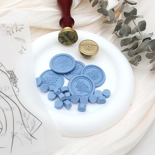 Wax Seal Beads Kit - 300pcs Dusty Blue Sealing Wax Beads with Wood Melting Warmer, Spoon & 10 Mini Candles for Stamp Seals, Wedding Invitation, Envelope, Cards, Gift Wrapping Decorations