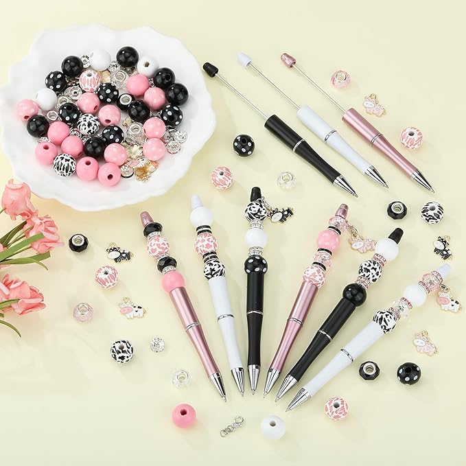18pcs DIY Beadable Pens Bulk Pens for Beads Cow Pattern Beaded Pen Kit for Students Teacher Office Supplies DIY Making Gifts(Cow)