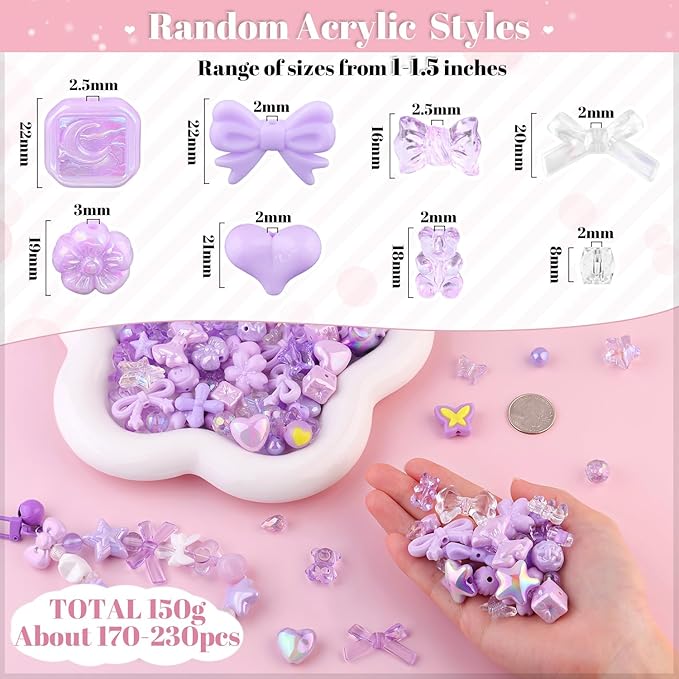 200-260pcs tinkrstuff assorted acrylic beads purple cute beads for bracelet making,bow aesthetic gummybear flower candy butterfly kawaii charms for jewelry making diy necklace keychain phone charm