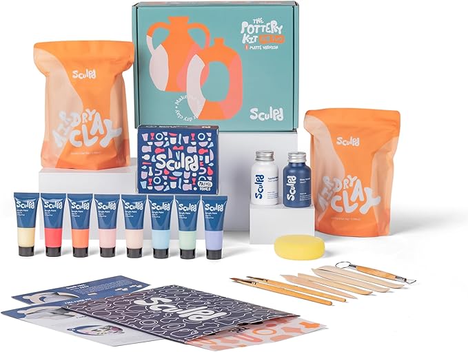 Sculpd - The Original Pottery Kit for Adults - Includes Air Dry Clay for Adults, Sculpting Tools, Varnish, Paint Brushes, Guides, Couples Date Night Arts & Crafts Set, Gloss Varnish with Pastel Tones