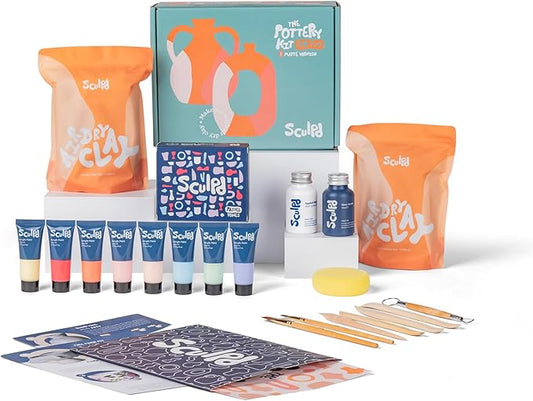 Sculpd - The Original Pottery Kit for Adults - Includes Air Dry Clay for Adults, Sculpting Tools, Varnish, Paint Brushes, Guides, Couples Date Night Arts & Crafts Set, Gloss Varnish with Pastel Tones