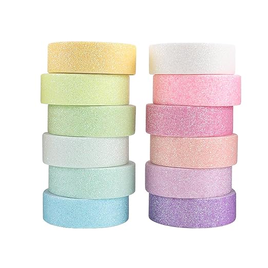 12 Rolls Glitter Washi Tape Set – 15mm Macaron Cute Colored Masking Tape, Sparkle Decorative Tape for DIY, Art, Scrapbook Tape, Decor & Crafts