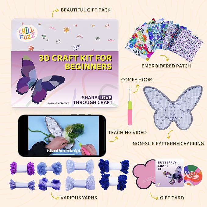 ChillFuzz DIY Boho Butterfly Coaster Kit Handcrafted Yarn Craft Set for Adults & Teens Colorful Crochet Coasters Beginner-Friendly DIY Home Decor Purple Aurora