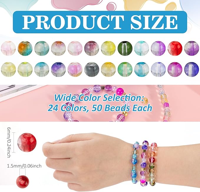 XSEINO 24 Colors 1200PCS Transparent Gradient Glass Beads Kit 6mm DIY Craft Glass Beads, Fit for Bracelets, Jewelry Making, Necklace