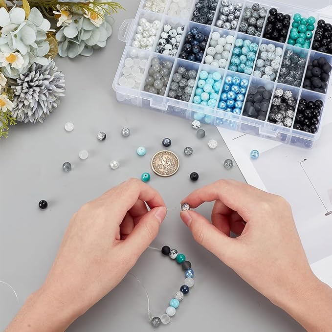 1080pcs 8mm Glass Beads 24 Color Black Bracelet Beads Round Crystal Glass Bead Marble Rosary Loose Bead for Bracelet Necklace Jewelry Making Supplies Women Men Eid Mubarak Ramadan Decoration