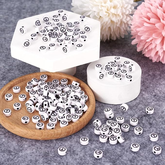 200pcs Peace Sign Acrylic Beads - Opaque White Flat Round Beads, Black Symbol Spacers for DIY Jewelry Crafts - Hole 1.6mm