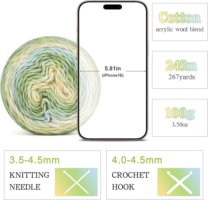 Katech Yarn for Crocheting-Gradient Cake Yarn-4x100g 60% Cotton 30% Acrylic 10% Wool-Ombré Multicolor Soft Rainbow Cotton Crochet Yarn for Scarves, Shawls, Blankets, and Garments(F)