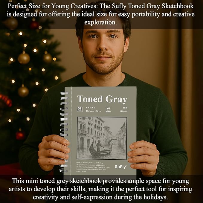 sufly toned gray sketch book 8"x10" - 60 sheets spiral bound sketch pad, 85lb/130gsm art paper for graphite, charcoal, colored pencils and gel pens.