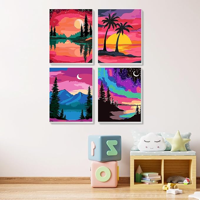 MXJSUA 4 Pack Moonlight Mountain Lake Framed Paint by Numbers Kit with Canvas for Adults Beginner, DIY Acrylic Oil Painting Kits with Brushes for Home Wall Decor Gift (8x10 inch)