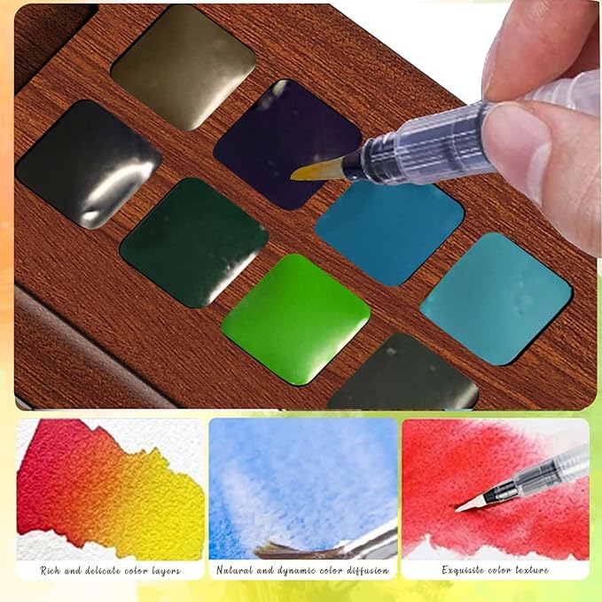 Mini Paint Palette Travel kit - Mini Watercolor Palette Set, Pocket Artist Water Color travel Set with Colours, Binder Clips, Watercolor Pens, Wooden Paint Box for Painters Artists Students