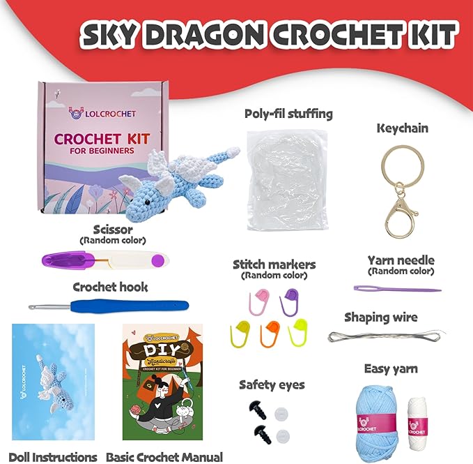 Cute Dragon Crochet Kit for Beginners, Learn to Crochet Starter Set with Step-by-Step Video Tutorial & Crocheting Manual, Easy Yarn Knitting Kit for Adult, Stuffed Animal Doll for Xmas Gift
