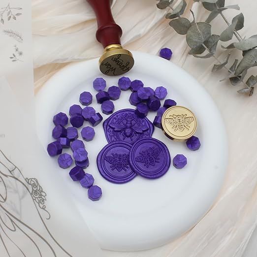 Wax Seal Beads Kit - 300pcs Purple Sealing Wax Beads with Wood Melting Warmer, Spoon & 10 Mini Candles for Stamp Seals, Wedding Invitation, Envelope, Cards, Gift Wrapping Decorations