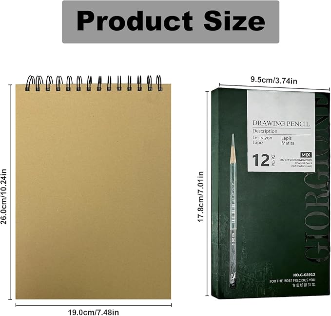Sketchbook and Pencil Set - Spiral Bound Hardcover with 60 Sheets & 12 Charcoal Pencils (Hard/Medium/Soft) for Professional Artists and Beginners