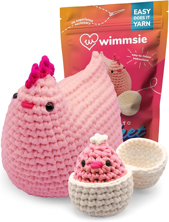 Wimmsie Crochet Animal Kit for Beginners - Easy Beginner Crochet Kit for Kids - Amigurumi Chicken Chick & Egg - 3 Kawaii Stuffed Animals - Cute DIY Yarn Plush (Pink)