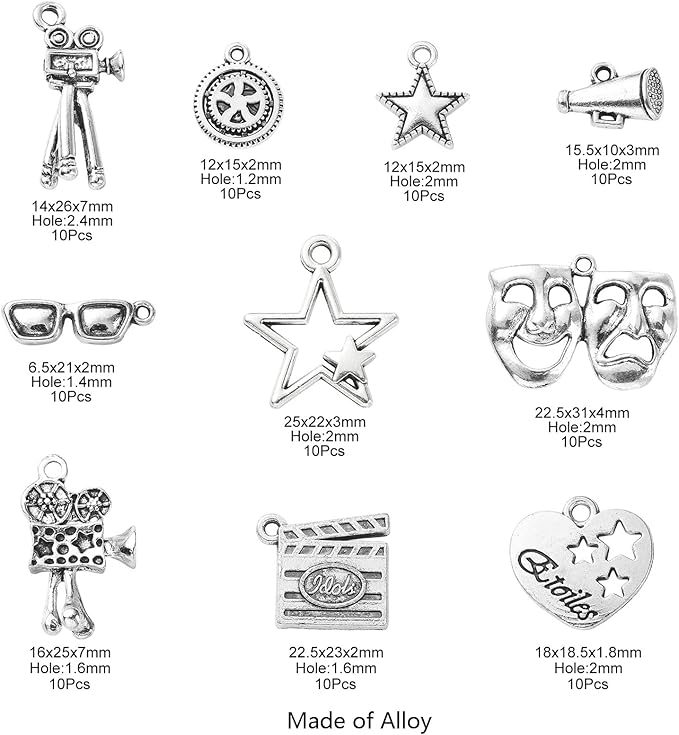 DanLingJewelry 100Pcs 10 Styles Hollywood Movie Charms Clapperboard Projector Movie Camera Mask Charms for Jewelry Making Bulk