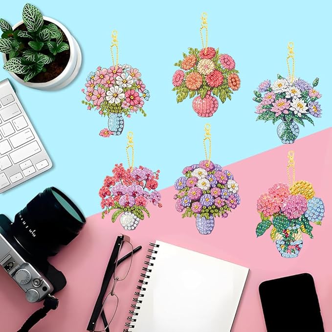 Masendp Diamond Painting Kit Keychain, 8 Pieces Diamond Art Painting Keyring 5D DIY Double-Sided Arts & Crafts Kit Mosaic Making Pendant Ornament Adult Craft Accessories (Floral)