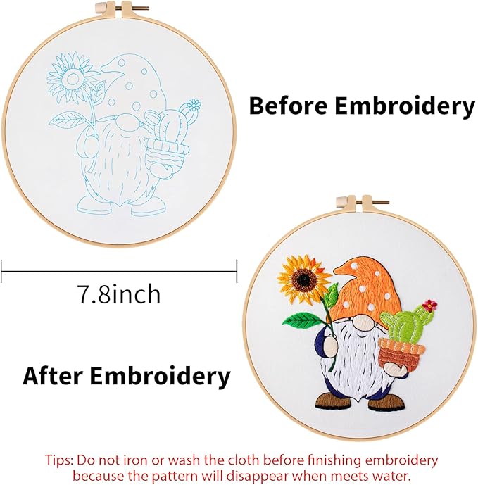 Nuberlic Sunflower Embroidery Kit for Beginners, Full Set of Stamped Gnome Cross Stitch Kit for Adults Including Threads, Hoops and Instruction