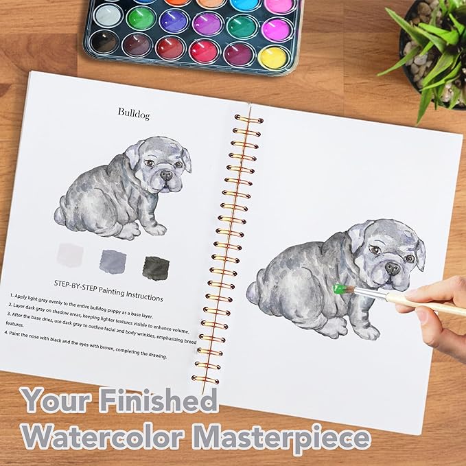 Easy Watercolor Workbook for Beginners - 12 Beautiful Step-by-Step Paintings Water Coloring Book, Includes 18 Colors Paints, Relaxing Art Projects and Creative Gift for Adults & Teen (Dogs)