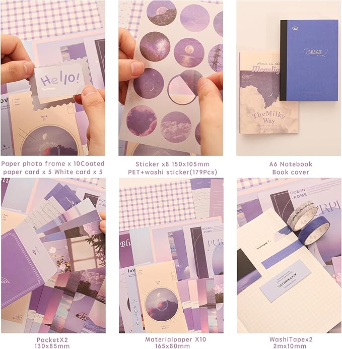 348 Pcs Scrapbooking Supplies Kit, Vintage Aesthetic Scrapbook Kit for Bullet Junk Journal, Stationery, A6 Grid Notebook, DIY Journaling Supplies, Birthday Craft Gift for Teen Girl Kid Women