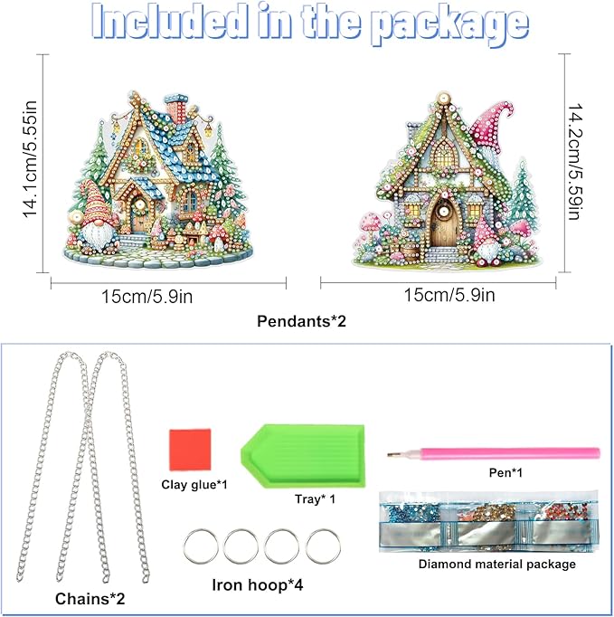 2 Pack Diamond Painting Hanging Ornaments – Fairy Cottage & Gnome House DIY Acrylic Craft Kit with Chains, Whimsical Holiday Home Decor for Adults
