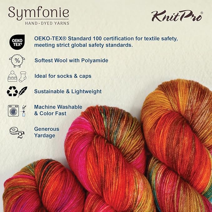 KnitPro Symfonie Fingering Weight Hand Dyed Variegated Yarn Skein | Extra Fine Merino Wool & Polyamide Blend for Knitting & Crocheting, Oeko-TEX Certified 400m, 100g | Terra Dragon Vine