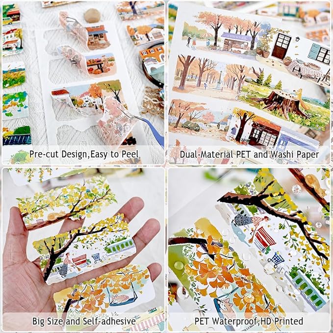 Journal Sticker Book for Junk Journaling, Transparent PET Seasons Landscape Stickers for Scrapbook Supplies, Scrapbooking, 20 Large Pre-Cut Stickers Sheets 9.25 x 6.65 inches