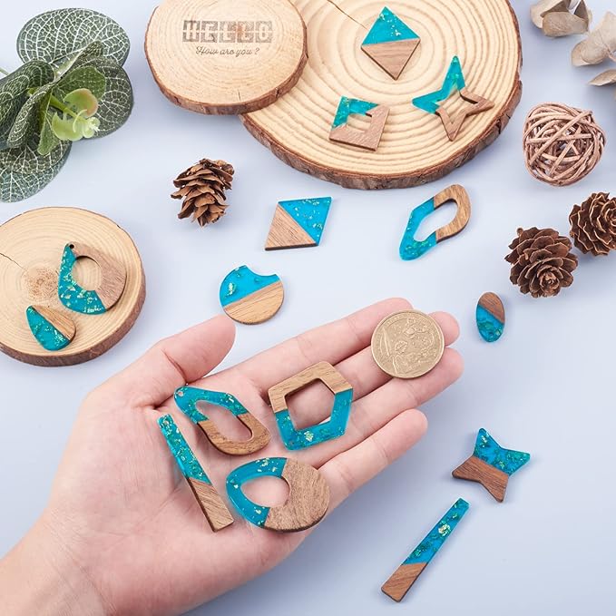 Beadthoven 30pcs/15 Pairs Sea Blue Charms Resin Wood Pendants for Earrings Making Transparent Resin Wood Pendants Natural Wooden Pieces Tag Pendants for Bohemian Jewelry Making Necklace Keychain
