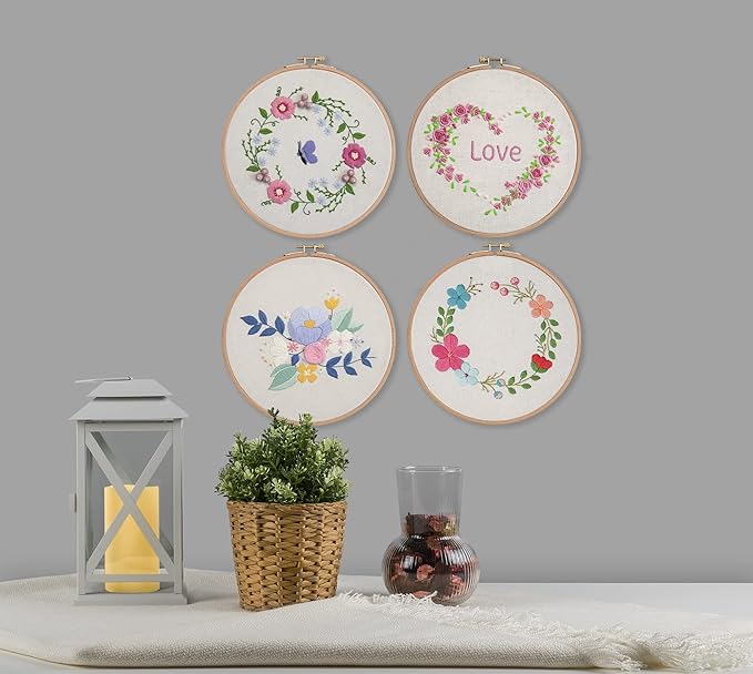 ebherys level-2: 4sets a pack, hand embroidery kit for adults, not cross stitch,lovely flowers, green plants and bird patterns, needlework diy kits, hoops, needle threader and frame(garland)
