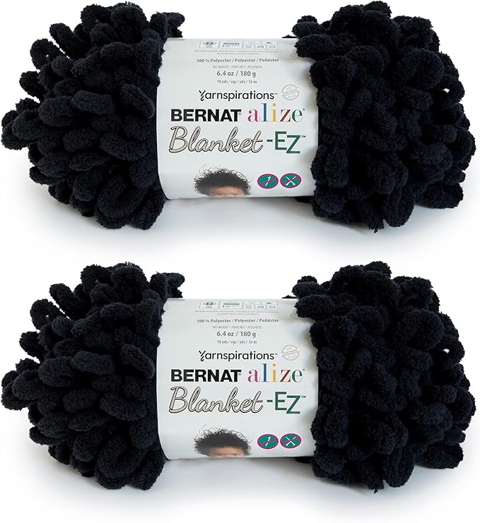 Bernat Alize Blanket-EZ Super Soft Looped Yarn for Beginners, Hand Knitting- No Needles or Hooks Needed, Black, 2 Pack
