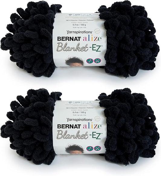 Bernat Alize Blanket-EZ Super Soft Looped Yarn for Beginners, Hand Knitting- No Needles or Hooks Needed, Black, 2 Pack