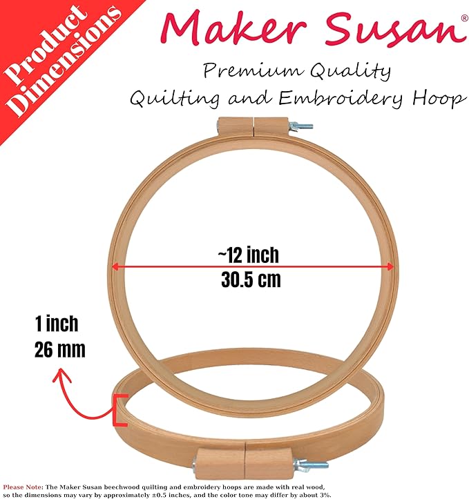maker susan 12 inch round beechwood quilting hoop, wooden cross stitch hoop with adjustment screw, embroidery hoop, quilting frames for hand quilting, suitable for embroidery (round)