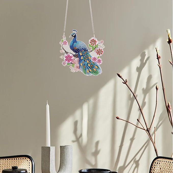 TDFERAN Diamond Painting Pendant Peacock Mosaic Making Kits by Kits Home Decoration Pendant Diamond Art Hanging Sign Onament Art Wind Chimes Hanging Pendants for Wall Home Decor Tabletop Decoration
