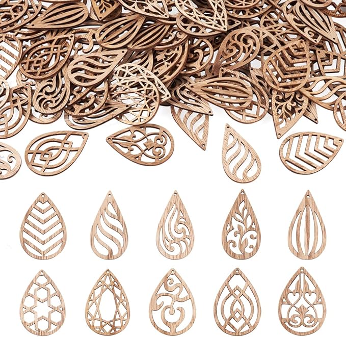 Elecrelive 100pcs Wood Earring Blanks Filigree Teardrop Pendants Unfinished Wooden Cutout Craft Wood Pieces for DIY Jewelry Making Hanging Ornaments