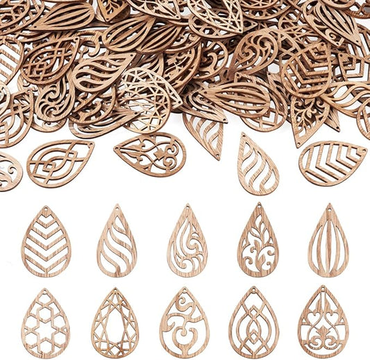 Elecrelive 100pcs Wood Earring Blanks Filigree Teardrop Pendants Unfinished Wooden Cutout Craft Wood Pieces for DIY Jewelry Making Hanging Ornaments