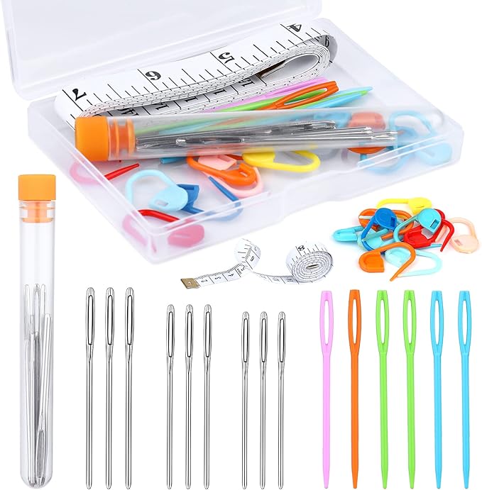 Knitting Needles Yarn Needles Large Eye Blunt Needles Plastic Needles with Tape Measure Stitch Markers Storage Box for DIY Handmade and Sewing