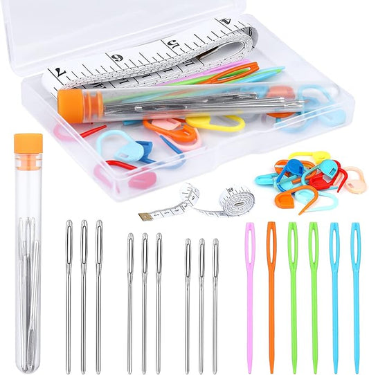 Knitting Needles Yarn Needles Large Eye Blunt Needles Plastic Needles with Tape Measure Stitch Markers Storage Box for DIY Handmade and Sewing