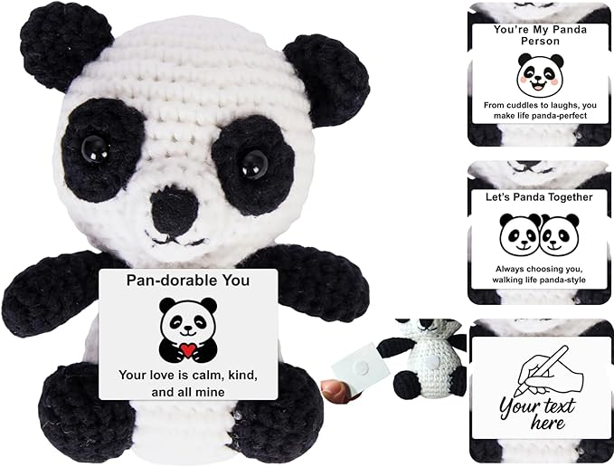 Handmade Mini Positive Crochet Animals Customizable Card Set with Positive Messages Emotional Support Crochet Birthday Gift for Woman Men Her him Motivational Desk Decor (Panda - Love)
