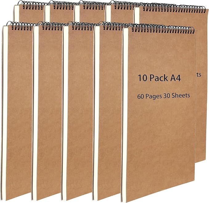 HEIHAK 10 Pack A4 Sketch Notebooks, 60 Pages 30 Sheets Top Vertical Spiral Bound Pocket Sketchbooks, Small Spiral Notepads Sketch Pads Bulk for Kids Drawing, Sketching, Painting, Writing, Crafting