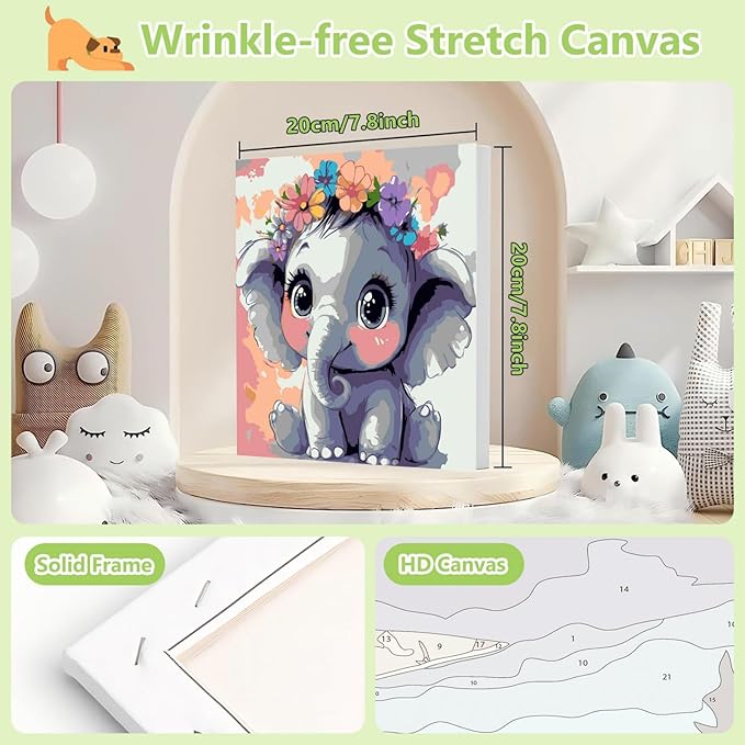 Reivworl Paint by Numbers Kit for Kids with Frame and Easel, Elephant Paint by Number for Kids Age 6-8-12, Acrylic Paint by Numbers for Gifts and Home Decor (8X8inch)