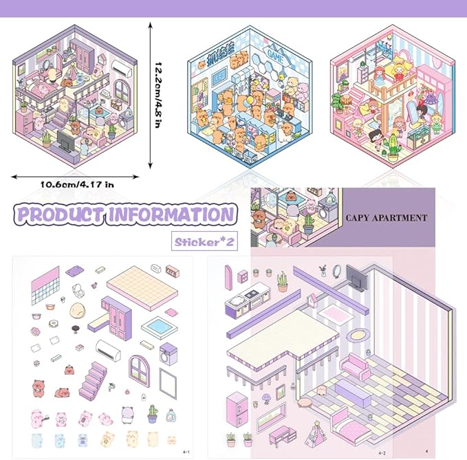 Scrapbooking Supplies Kit,DIY 3D Stickers Scene,3 Set Funny DIY Sticker Scenes,Make Your Own Cute 3D Miniature Room Scene Stickers for Adults Relief Stress Pass The Time.2-3-4