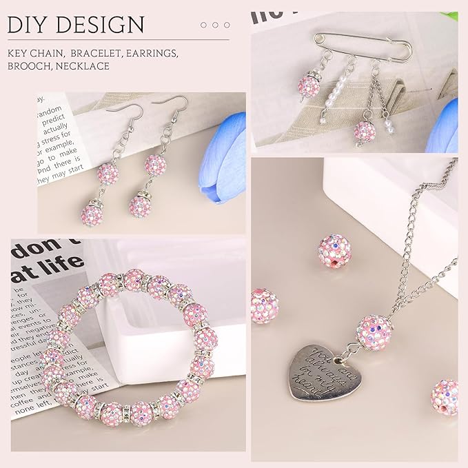 200pcs 10mm Pink AB Rhinestone Beads for Jewelry Making, Shiny Round Shamballa Disco Ball Beads Bulk, Sparkle Crystal Clay Christmas for Bracelet Baseball Necklace Earring Crafting and DIY