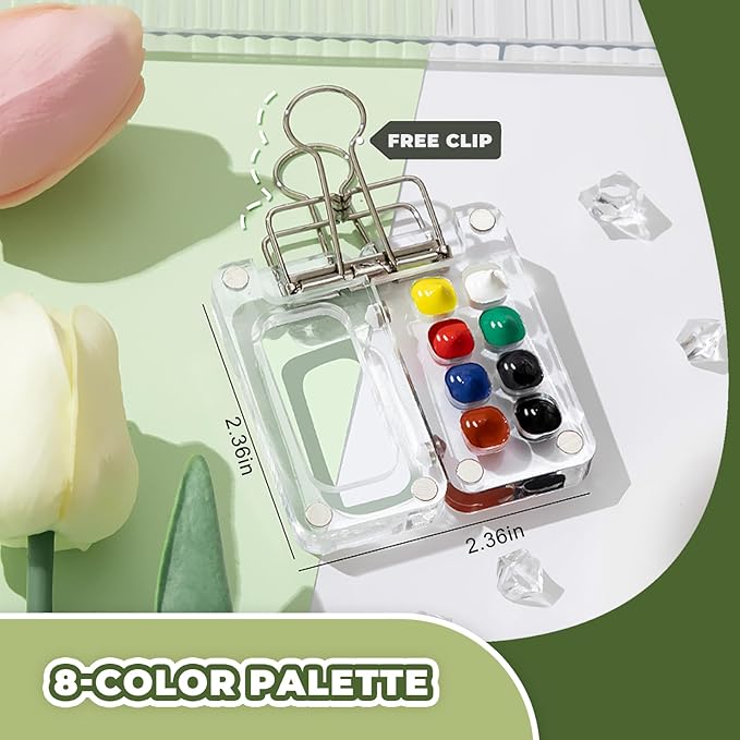 Mini Portable Watercolor Palette Set-Grid Paint Box with Binder Clips Include 12 Colors Paint - Brush*3 and Picture Album Art Materials Coloring Markers for Travel, Creative Drawing Kit for Beginners and Art Enthusiasts(Yellow Acrylic-S)