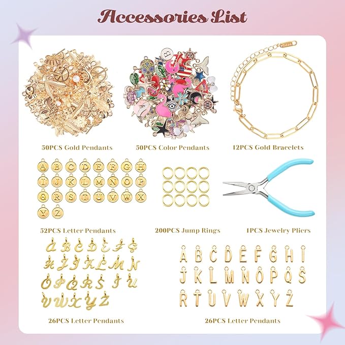 wisreach 417 pcs stainless steel gold charm bracelet making kit, diy jewelry making supplies with paperclip chain bracelets, charms & jump rings, starter craft kit, women & beginners