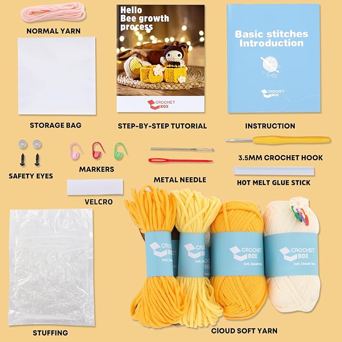 Crochet Kit for Beginners Adults - Bee Grow Up Starters Crochet Kit, Beginners Crocheting Kitting for Adults Teen, DIY Craft Gifts with Crochets Yarns, Hook, Step-by-Step Video, Instruction