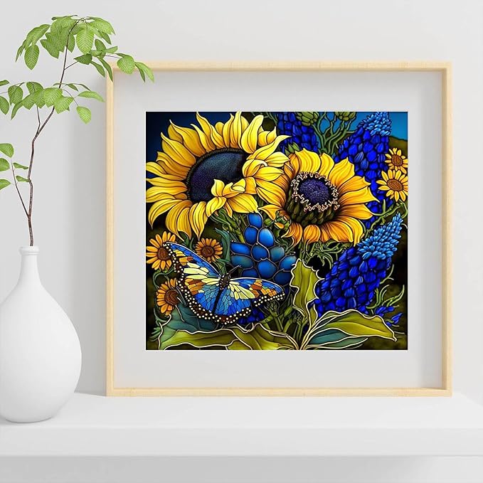 Sunflower Diamond Art Painting Kits for Adults, Stained Glass Full Drill Diamond Dots Paintings for Beginners, Round 5D Paint with Diamonds Pictures Gem Art Painting Kits DIY Crafts Kits 14x14inch