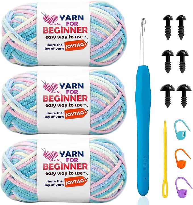 3 Pack Rainbow Beginners Crochet Yarn Pink Purple Blue Cotton Crochet Yarn for Crocheting Knitting Beginners with Easy-to-See Stitches Cotton-Nylon Blend Crochet Yarn for Beginners Crochet Kit(3x50g)