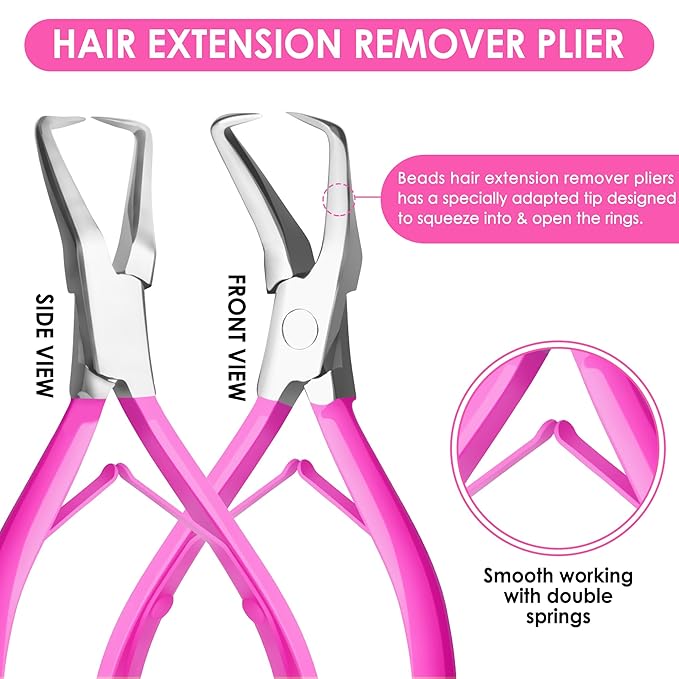 Beauty & Crafts Hair Extension Tools- Stainless Steel Pliers Set for Micro Beads- 1 Crochet Needle 1 Pulling Hook with Tail Comb- Micro Links Tool Kit with Leather Pouch- (Pink)