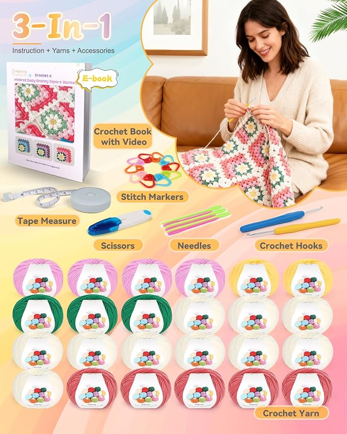 Coopay 3D Blanket Crochet Kit for Beginners, All-in-One Granny Square Blanket Kit with Step-by-Step Video & Enough Yarns - Master 3D Granny Square Crocheting Easily, Ideal Gift for Craft Lovers (Pink)