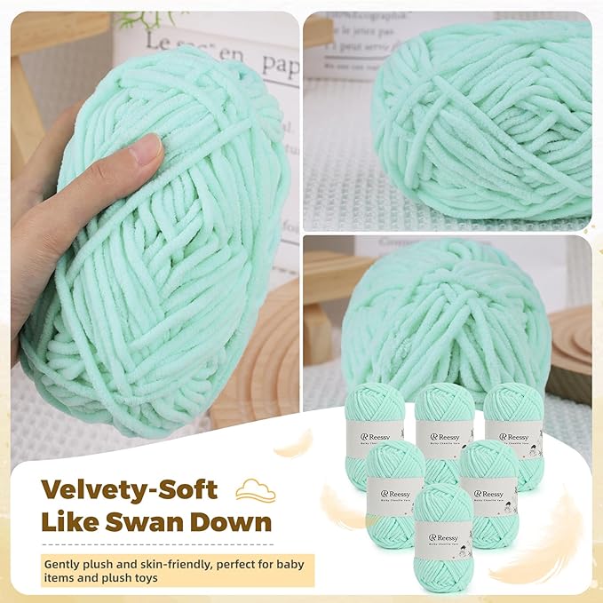 Bulky Chenille Yarn for Crocheting – 6 Pack of 50g/1.76oz Skeins, Pure Polyester, CYC #5 Bulky Weight – Ultra Soft Chenille Yarn Pack for Crafting Plush Toys, Blankets, Scarves(Aqua Mint)